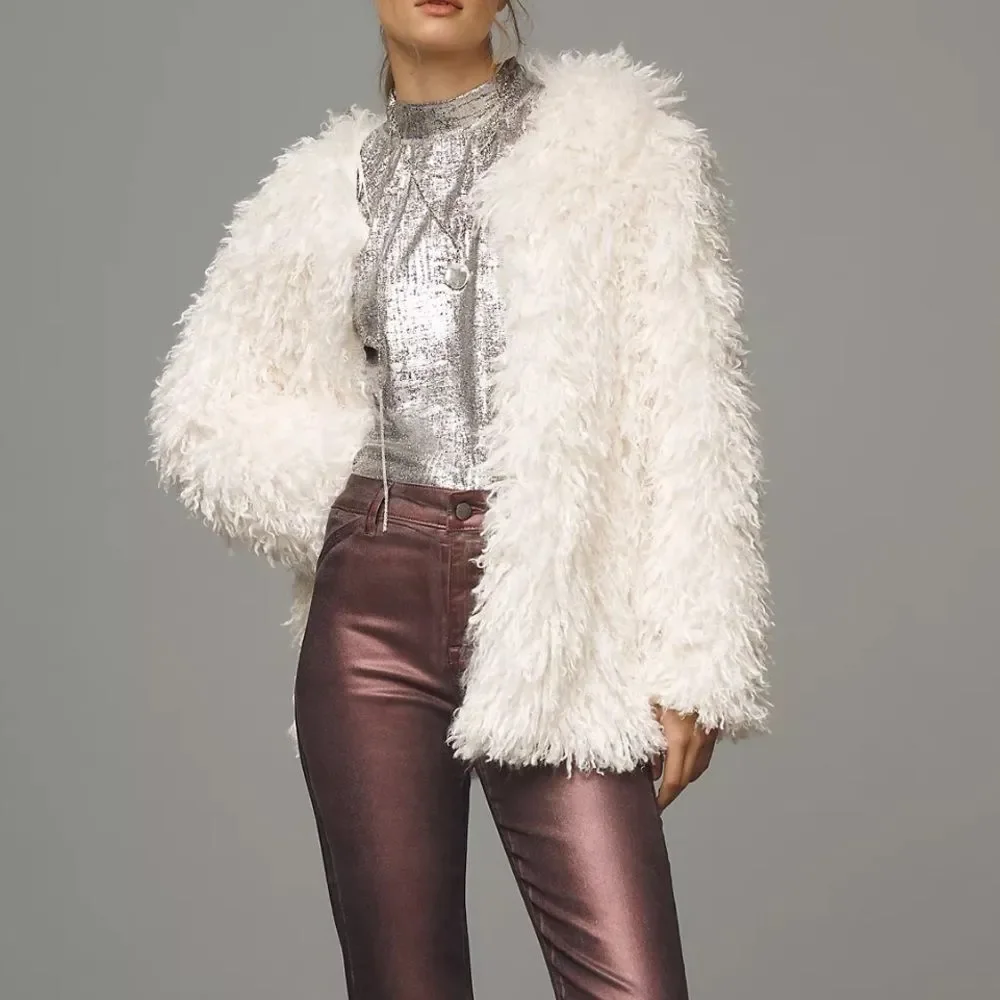 Anthropologie Pilcro Shaggy Faux Fur Cardigan Sweater in Ivory NWOT - Picture 5 of 8